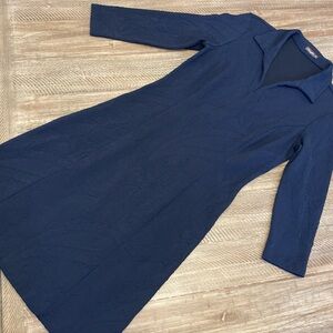 J McLaughlin navy blue dress knee length long sleeve v neck xs jacquard collar